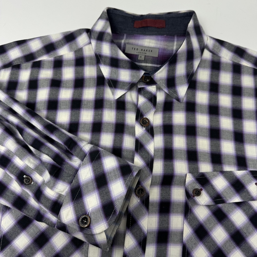 Ted Baker London Shirt Mens Large Purple Black Plaid Long Sleeve Button Down